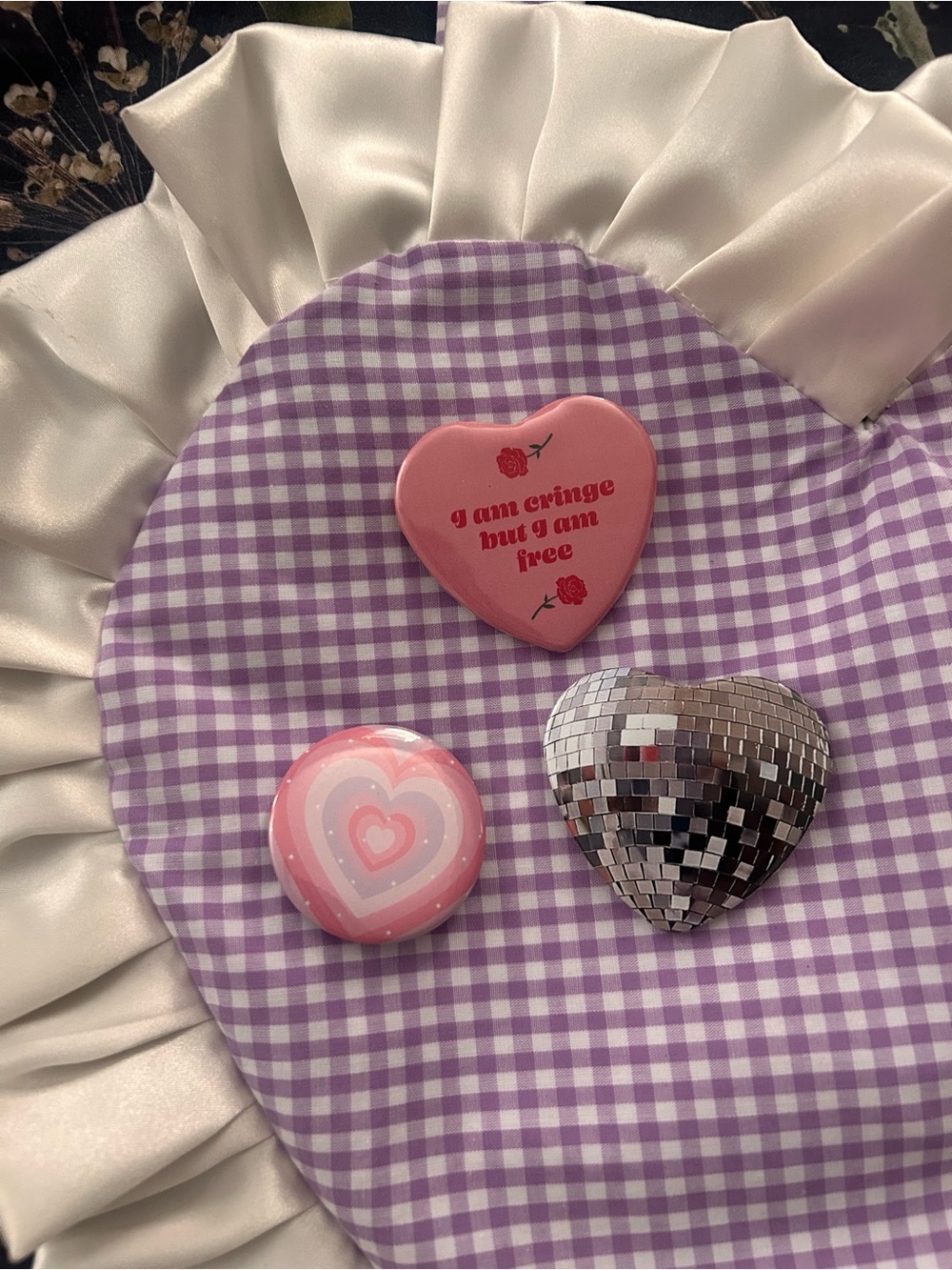 Handmade Lavender Gingham Heart Tote with Satin Cream Ruffle - Picture 2 of 6